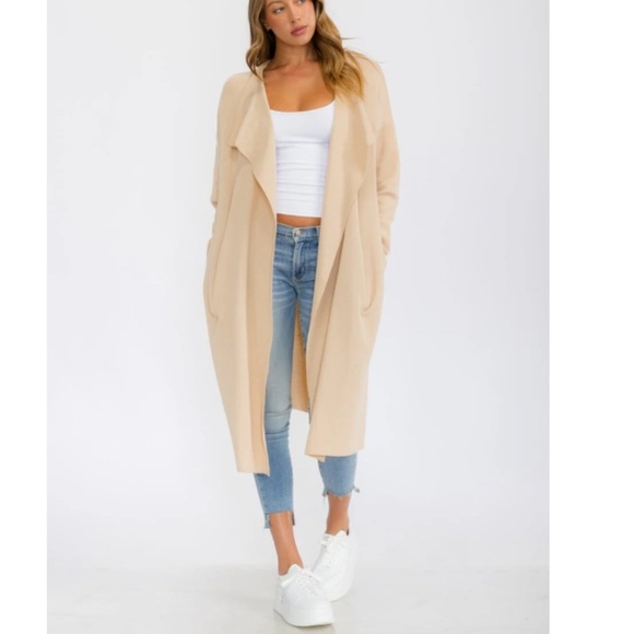 Sand Open Front Drape Cardigan with Pockets - Picture 1 of 4